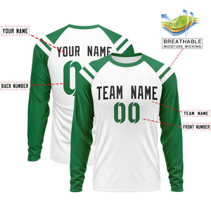 Custom White Kelly Green-White Crew Neck Personalized Raglan Long Sleeve Performance T-Shirt