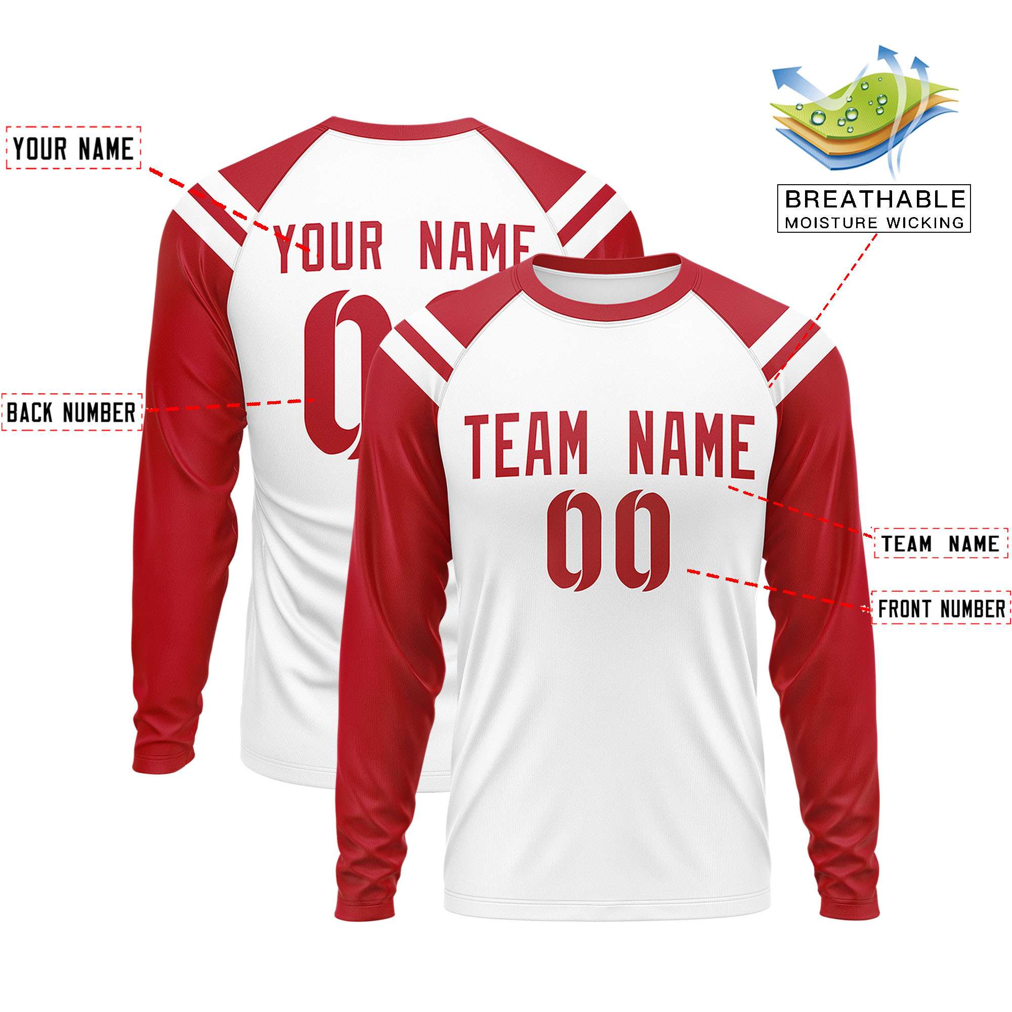 Custom White Red-White Crew Neck Personalized Raglan Long Sleeve Performance T-Shirt