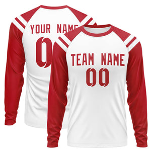 Custom White Red-White Crew Neck Personalized Raglan Long Sleeve Performance T-Shirt