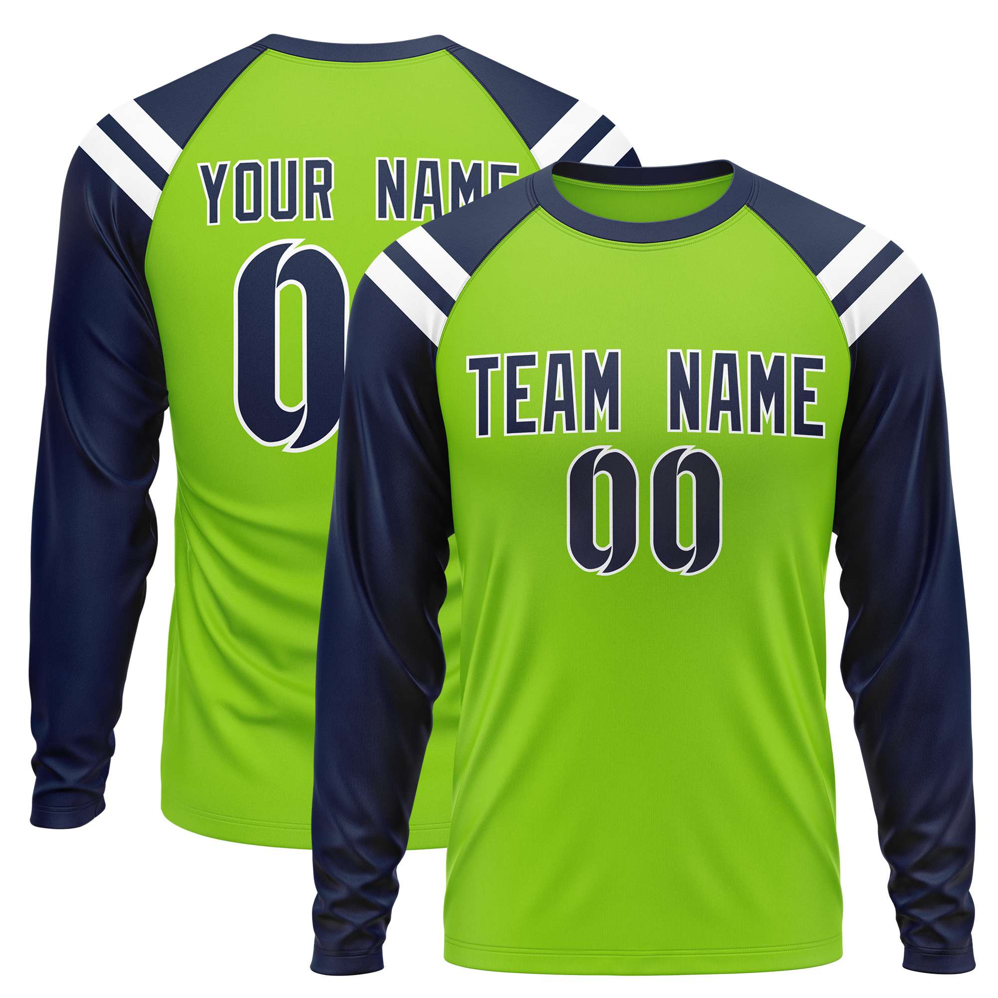 Custom Neon Green Navy-White Crew Neck Personalized Raglan Long Sleeve Performance T-Shirt