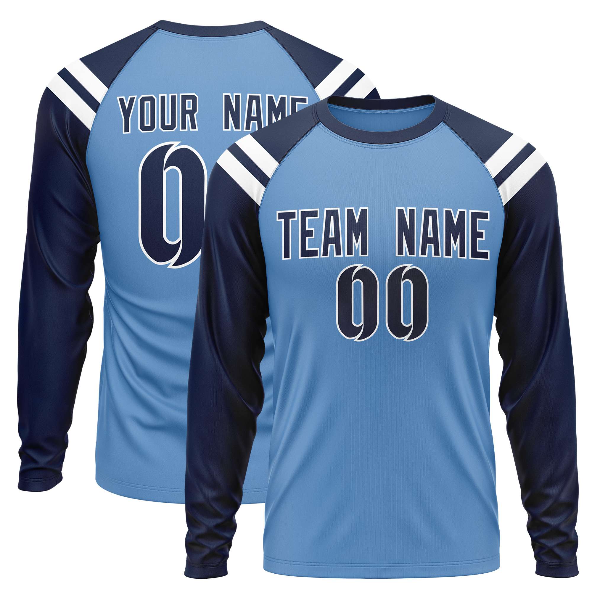 Custom Light Blue Navy-White Crew Neck Personalized Raglan Long Sleeve Performance T-Shirt