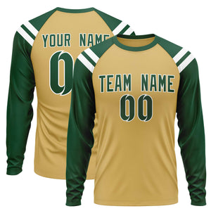 Custom Old Gold Green-White Crew Neck Personalized Raglan Long Sleeve Performance T-Shirt