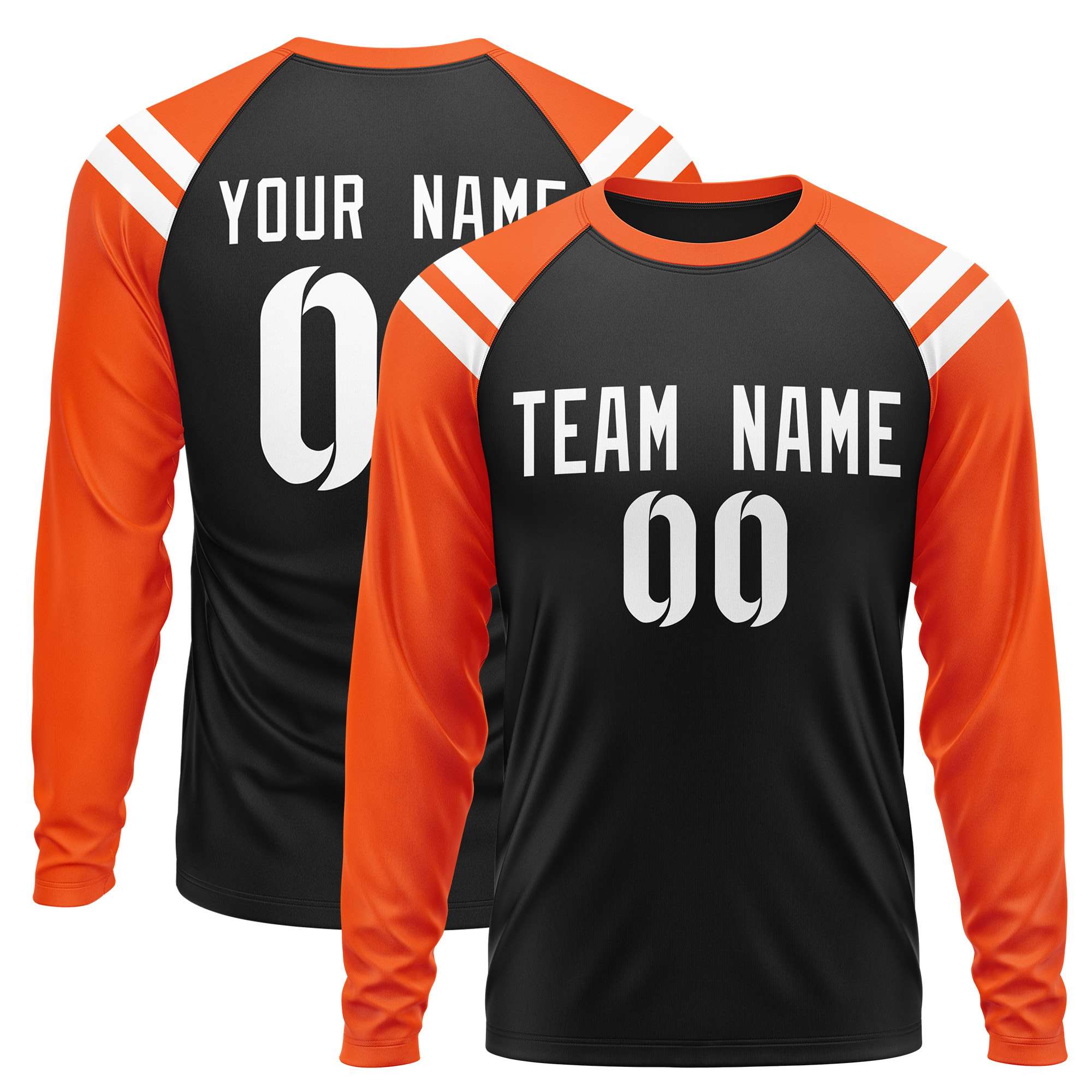 Custom Black Orange-White Crew Neck Personalized Raglan Long Sleeve Performance T-Shirt