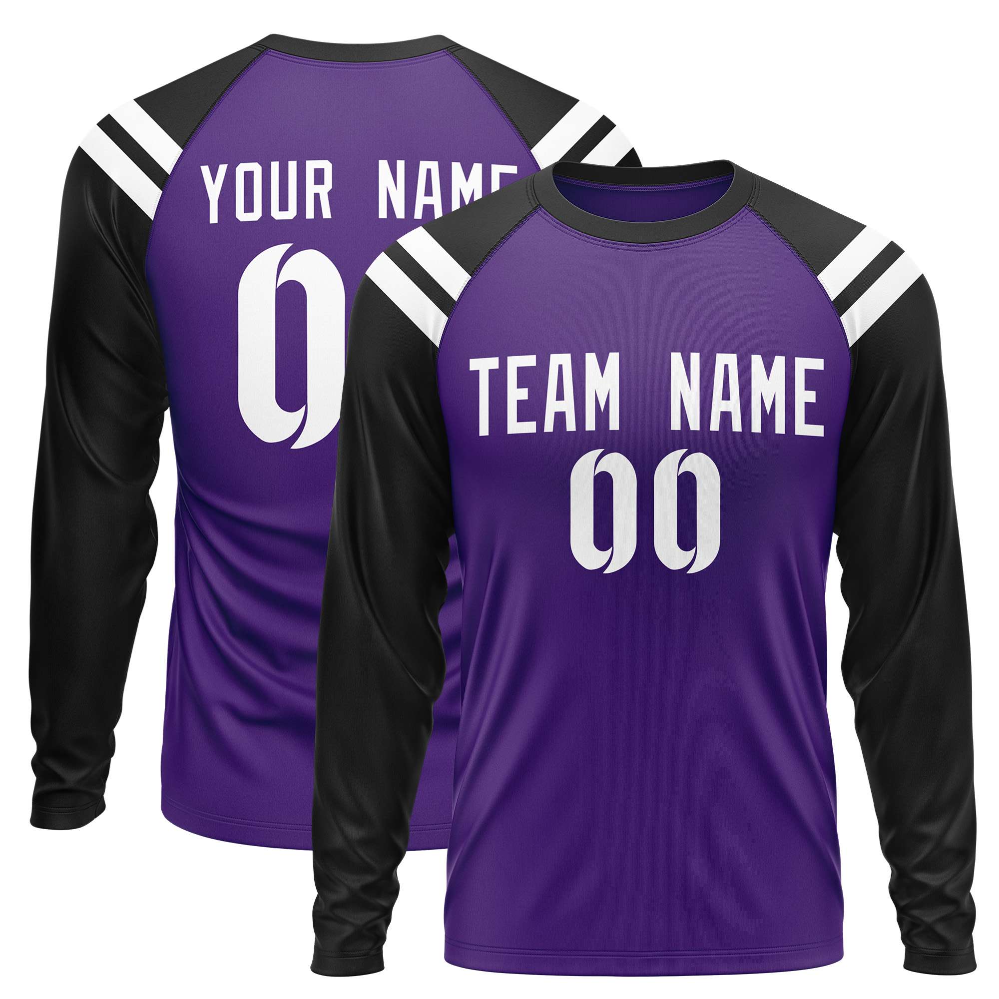 Custom Purple Black-White Crew Neck Personalized Raglan Long Sleeve Performance T-Shirt