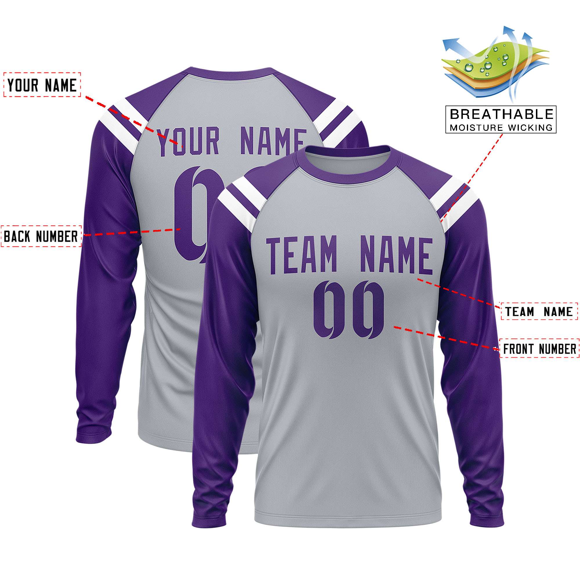 Custom Gray Purple-White Crew Neck Personalized Raglan Long Sleeve Performance T-Shirt