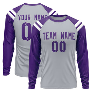 Custom Gray Purple-White Crew Neck Personalized Raglan Long Sleeve Performance T-Shirt