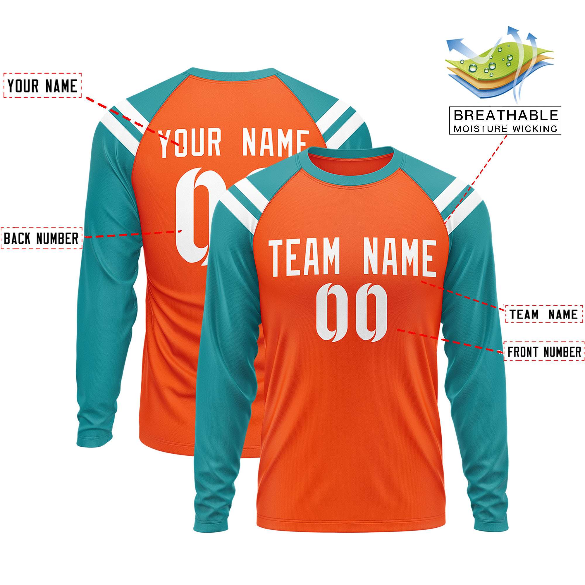 Custom Orange Aqua-White Crew Neck Personalized Raglan Long Sleeve Performance T-Shirt