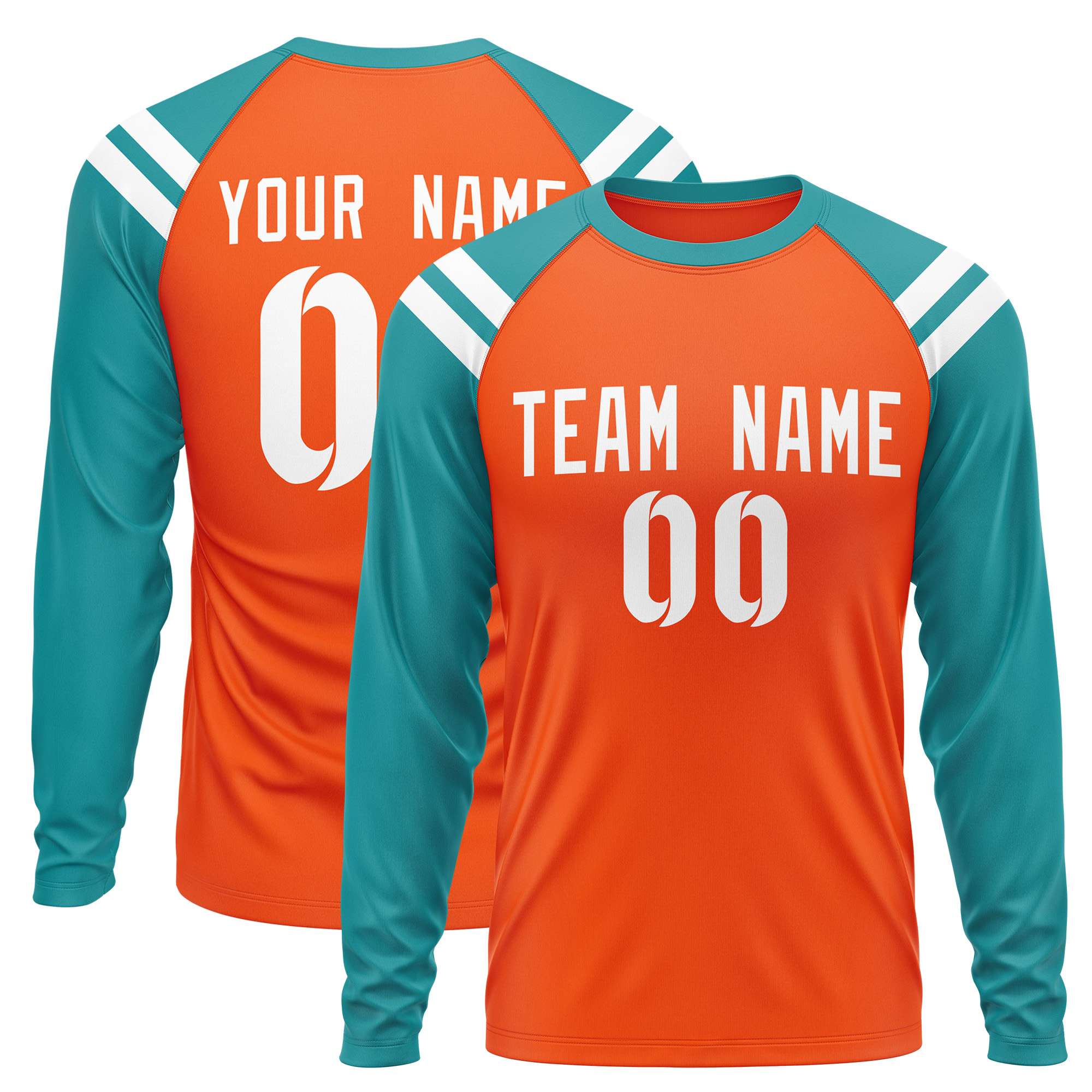 Custom Orange Aqua-White Crew Neck Personalized Raglan Long Sleeve Performance T-Shirt