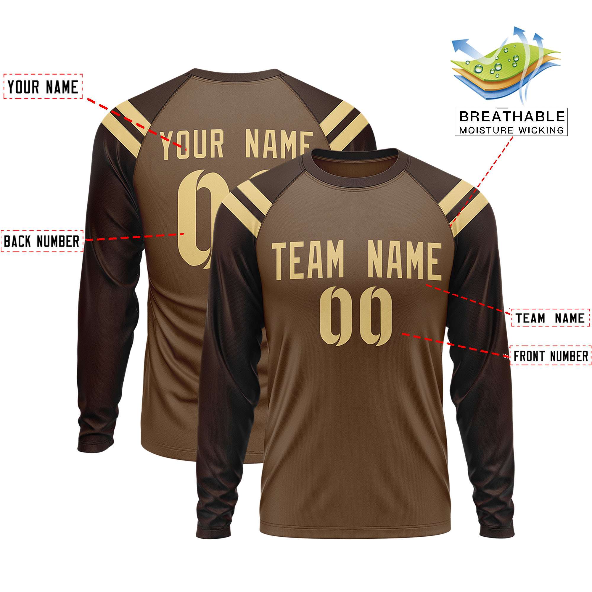 Custom Light Brown Brown-Khaki Crew Neck Personalized Raglan Long Sleeve Performance T-Shirt