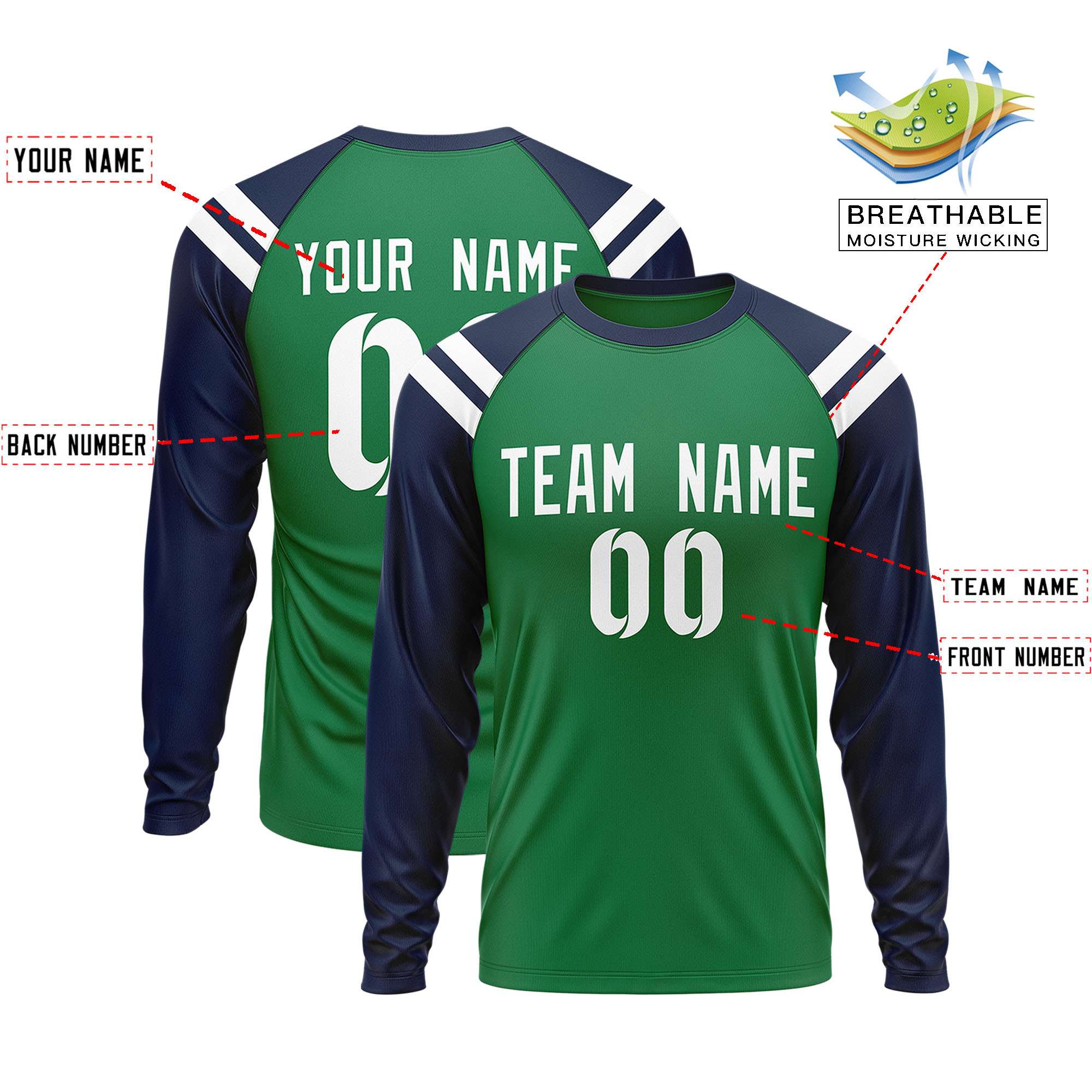 Custom Kelly Green Navy-White Crew Neck Personalized Raglan Long Sleeve Performance T-Shirt