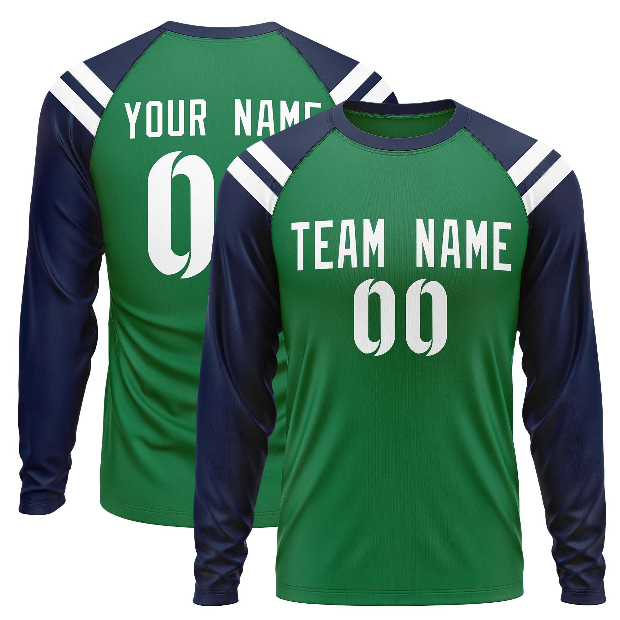 Custom Kelly Green Navy-White Crew Neck Personalized Raglan Long Sleeve Performance T-Shirt