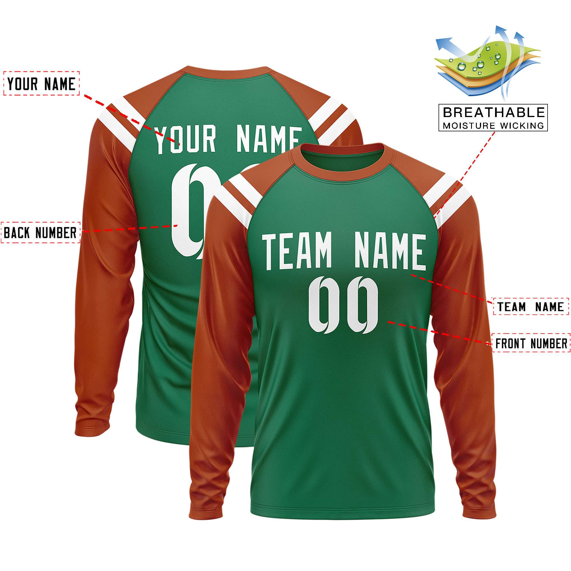 Custom Kelly Green Texas Orange-White Crew Neck Personalized Raglan Long Sleeve Performance T-Shirt