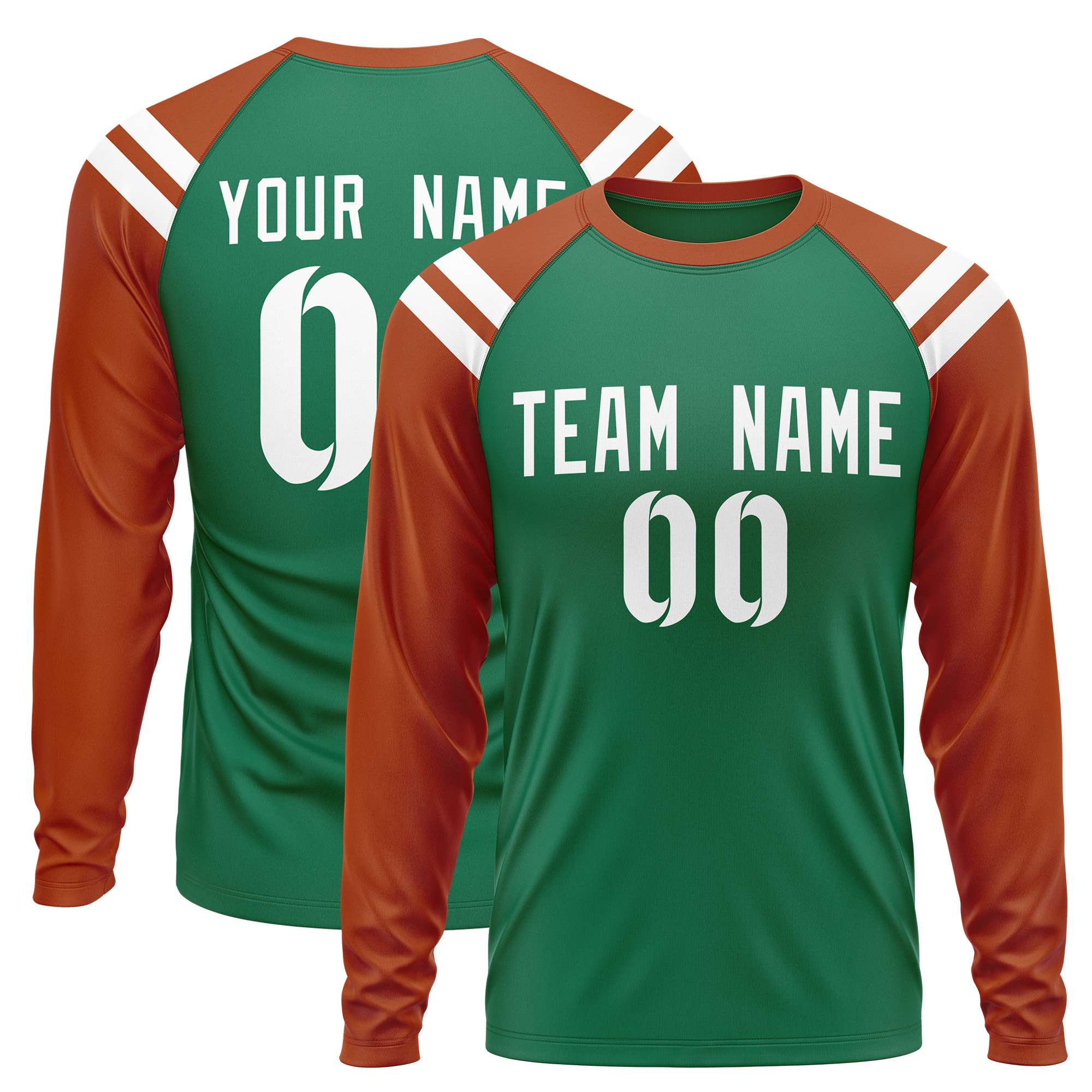 Custom Kelly Green Texas Orange-White Crew Neck Personalized Raglan Long Sleeve Performance T-Shirt