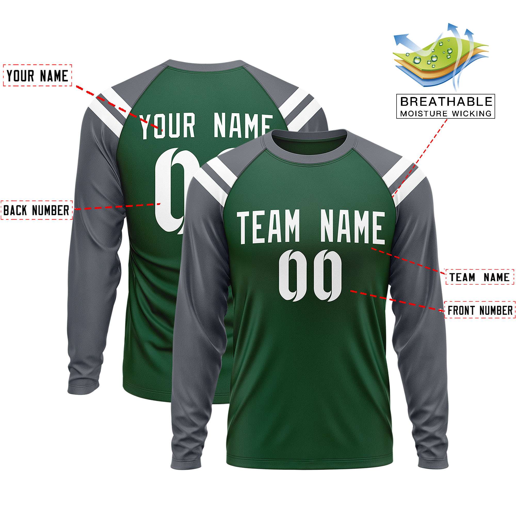 Custom Green Dark Gray-White Crew Neck Personalized Raglan Long Sleeve Performance T-Shirt