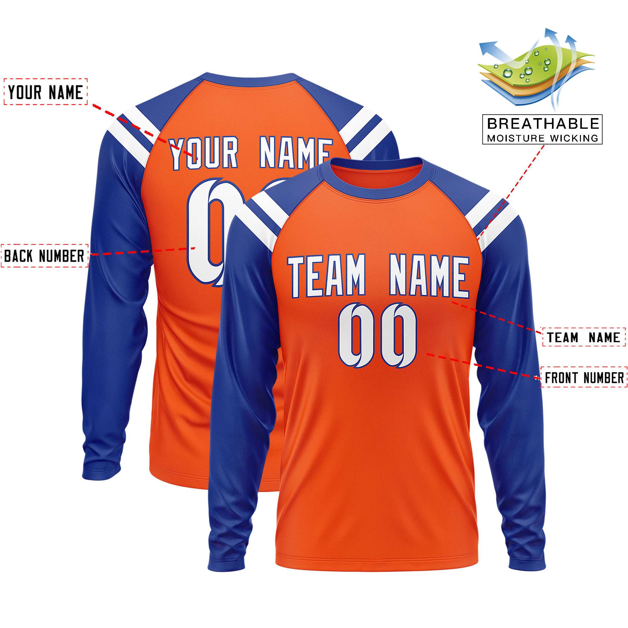 Custom Orange Royal-White Crew Neck Personalized Raglan Long Sleeve Performance T-Shirt