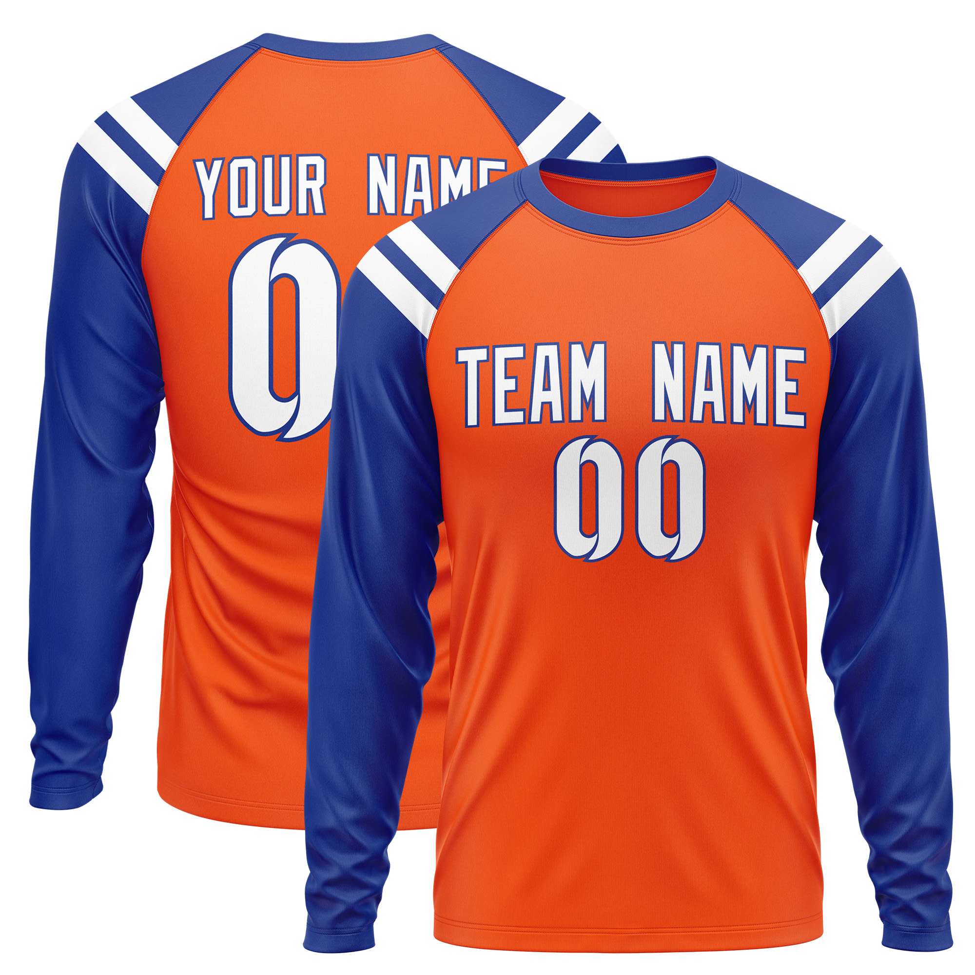 Custom Orange Royal-White Crew Neck Personalized Raglan Long Sleeve Performance T-Shirt