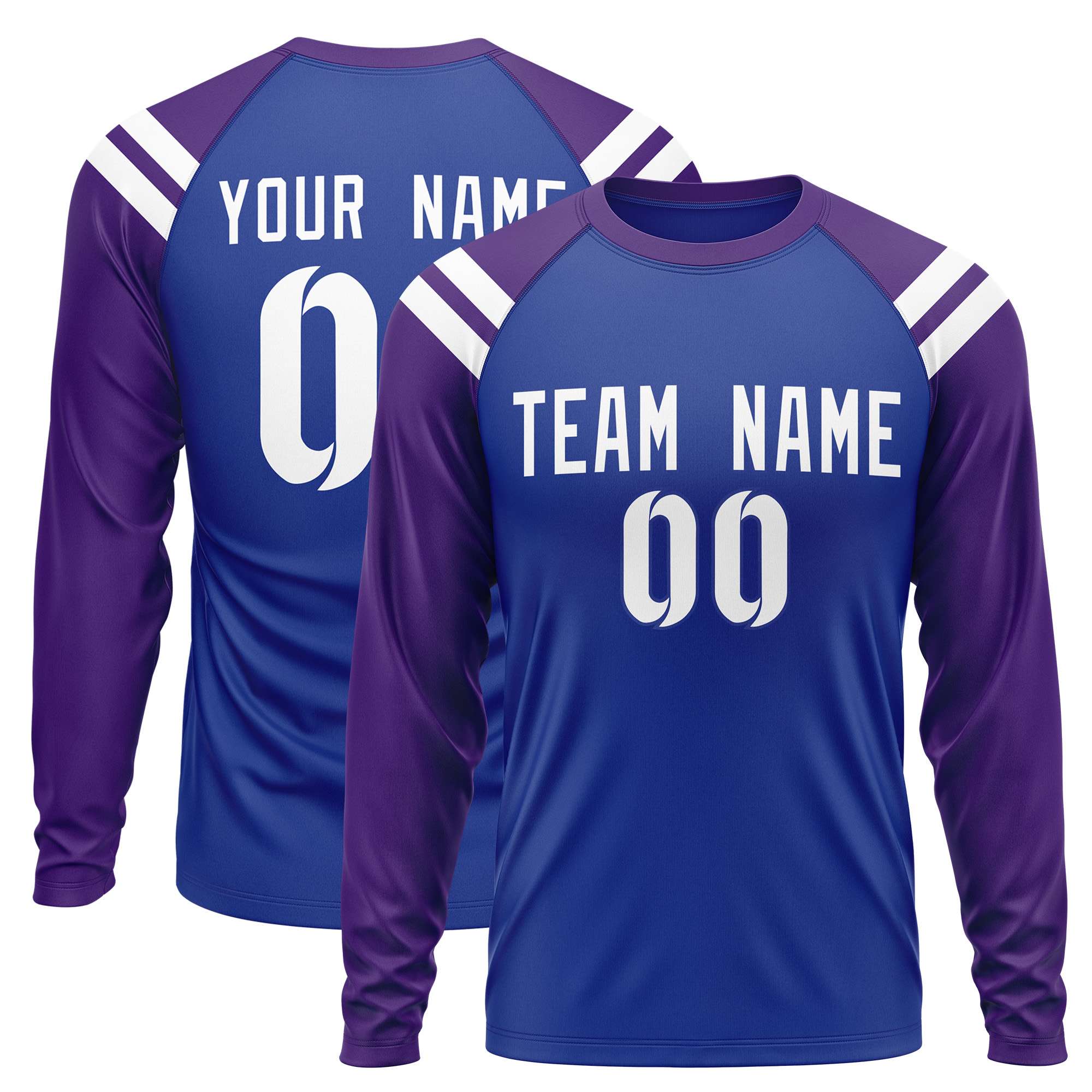 Custom Royal Purple-White Crew Neck Personalized Raglan Long Sleeve Performance T-Shirt