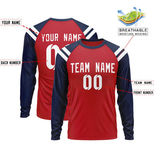 Custom Red Navy-White Crew Neck Personalized Raglan Long Sleeve Performance T-Shirt