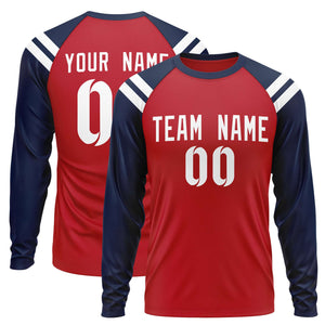 Custom Red Navy-White Crew Neck Personalized Raglan Long Sleeve Performance T-Shirt