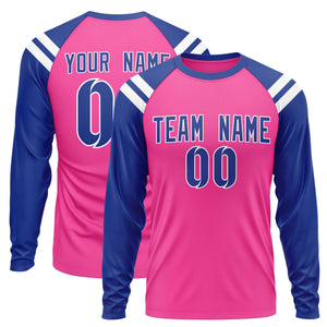 Custom Pink Royal-White Crew Neck Personalized Raglan Long Sleeve Performance T-Shirt