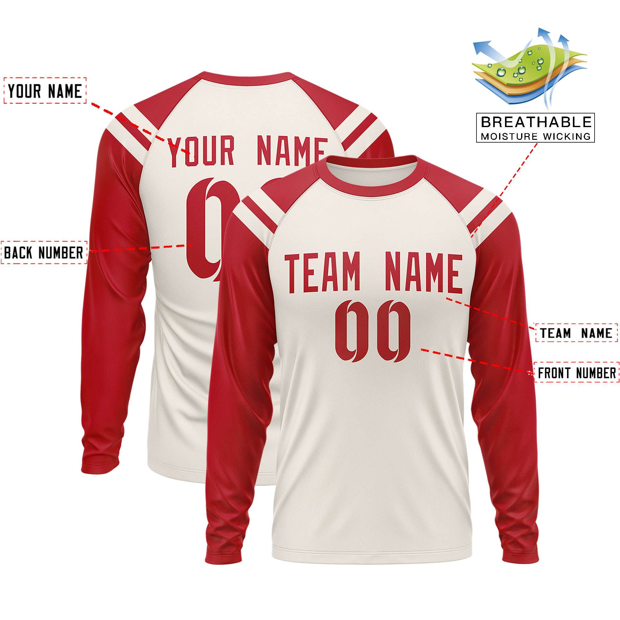 Custom Cream Red-White Crew Neck Personalized Raglan Long Sleeve Performance T-Shirt