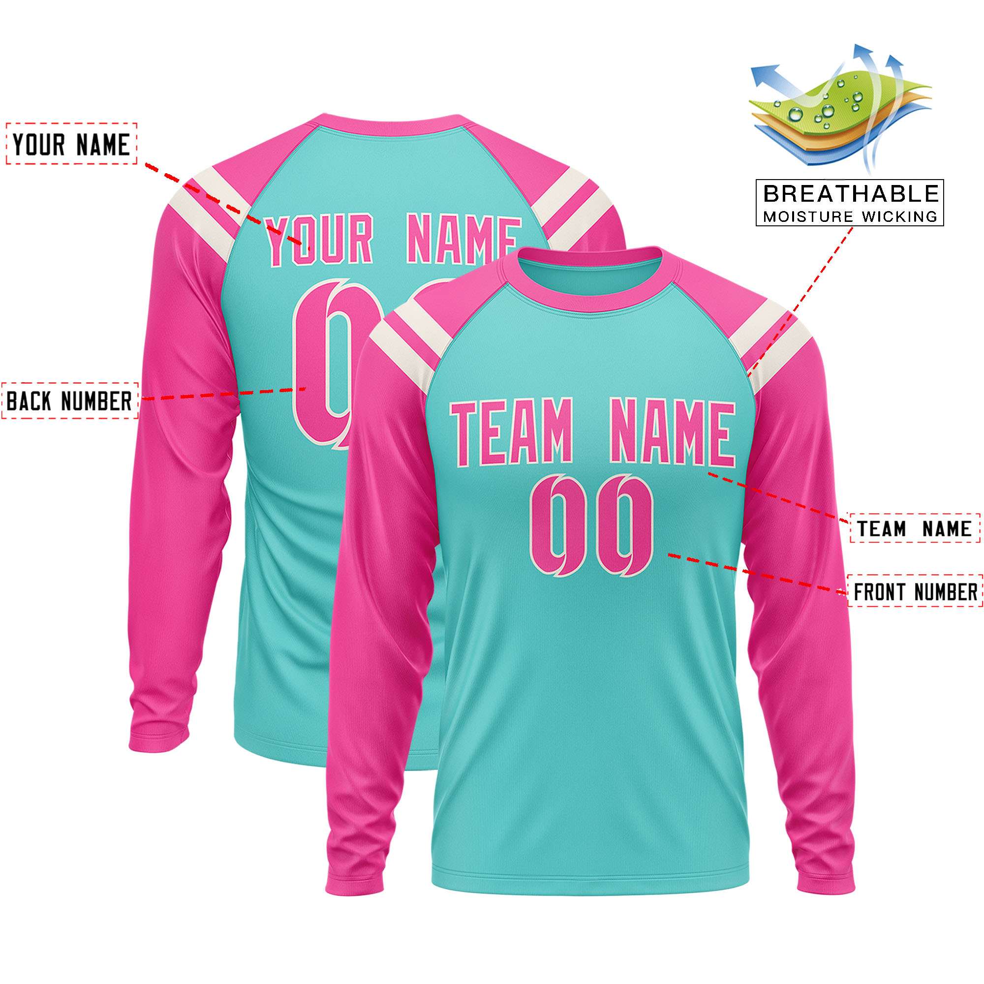 Custom Bright Green Pink-Cream Crew Neck Personalized Raglan Long Sleeve Performance T-Shirt