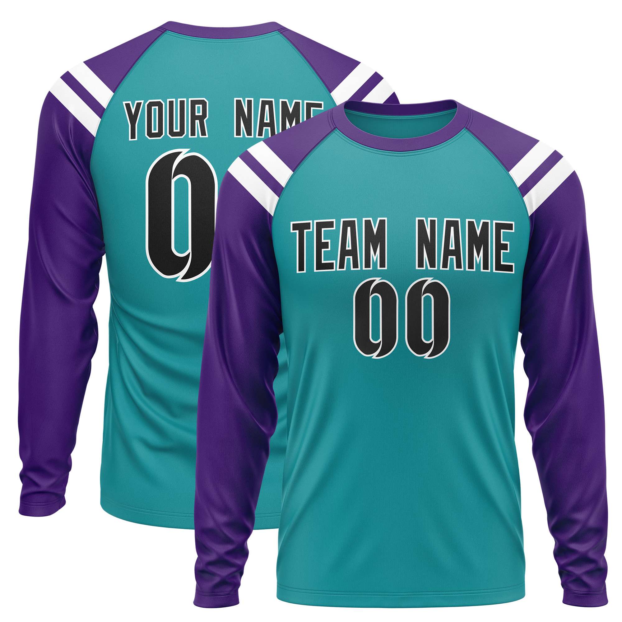 Custom Aqua Purple-White Crew Neck Personalized Raglan Long Sleeve Performance T-Shirt