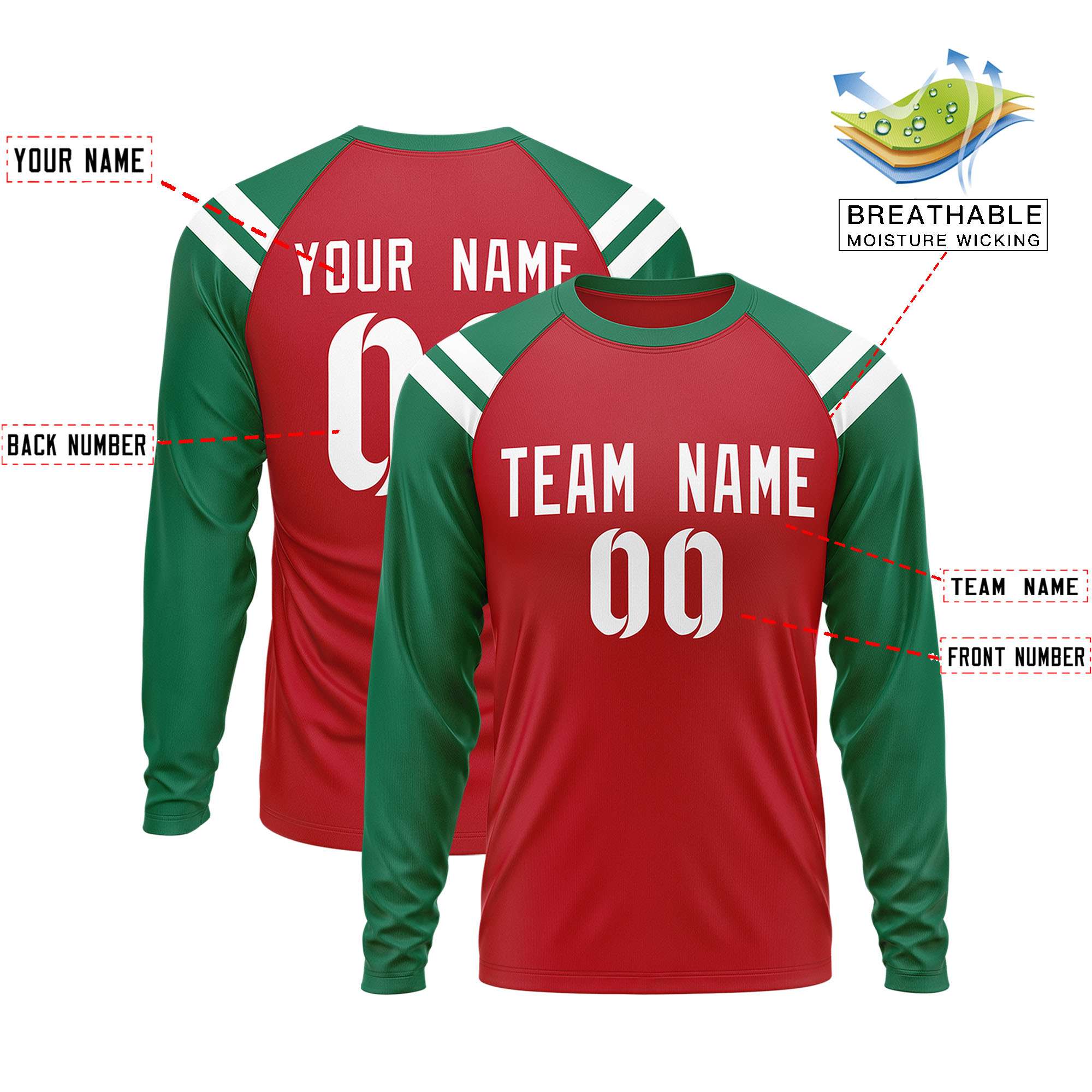 Custom Red Kelly Green-White Crew Neck Personalized Raglan Long Sleeve Performance T-Shirt