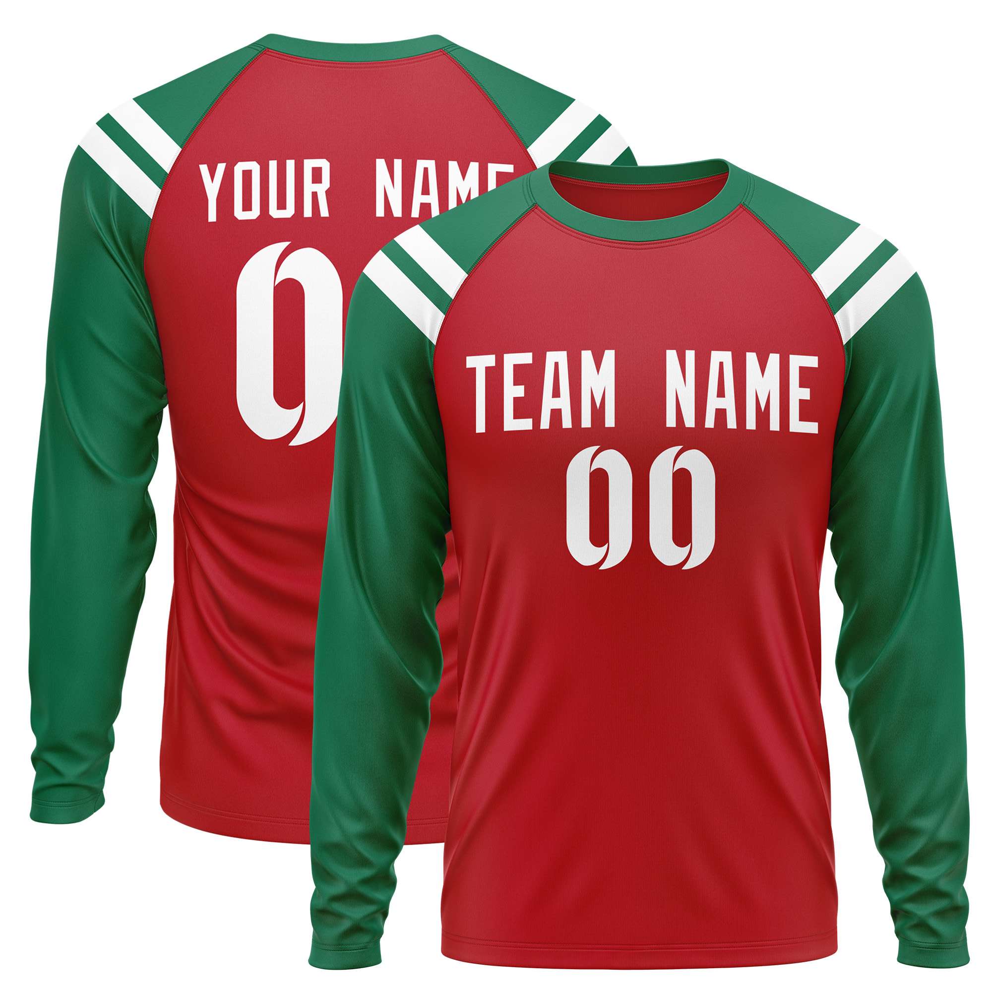 Custom Red Kelly Green-White Crew Neck Personalized Raglan Long Sleeve Performance T-Shirt