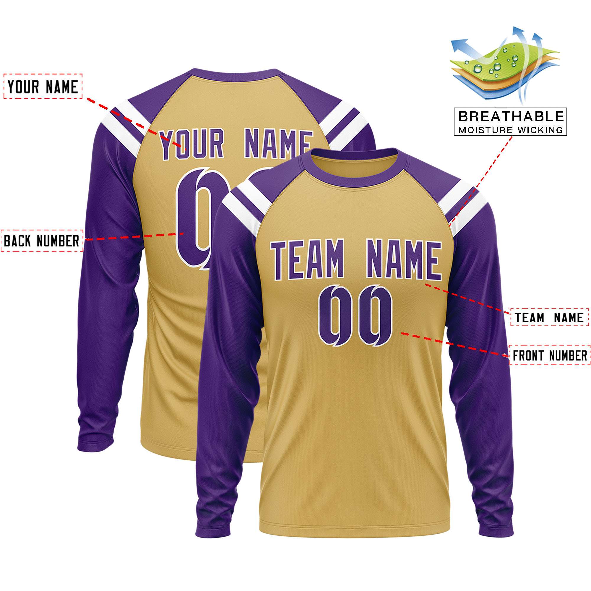 Custom Old Gold Purple-White Crew Neck Personalized Raglan Long Sleeve Performance T-Shirt