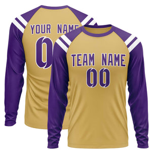 Custom Old Gold Purple-White Crew Neck Personalized Raglan Long Sleeve Performance T-Shirt