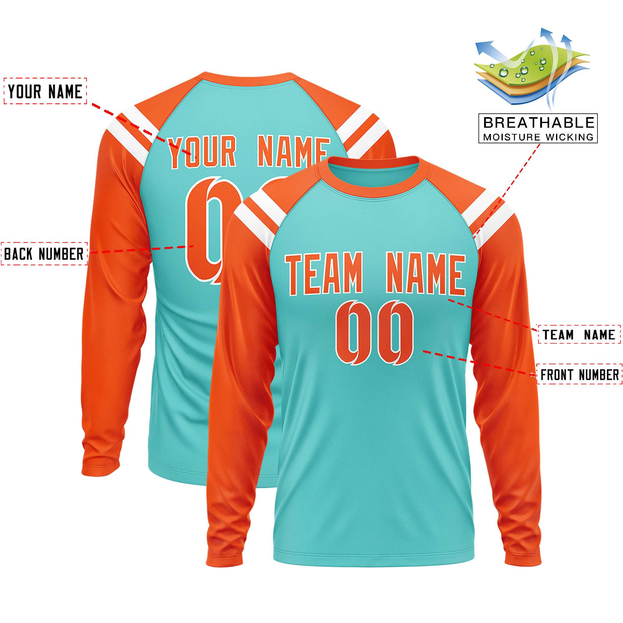 Custom Bright Green Orange-White Crew Neck Personalized Raglan Long Sleeve Performance T-Shirt