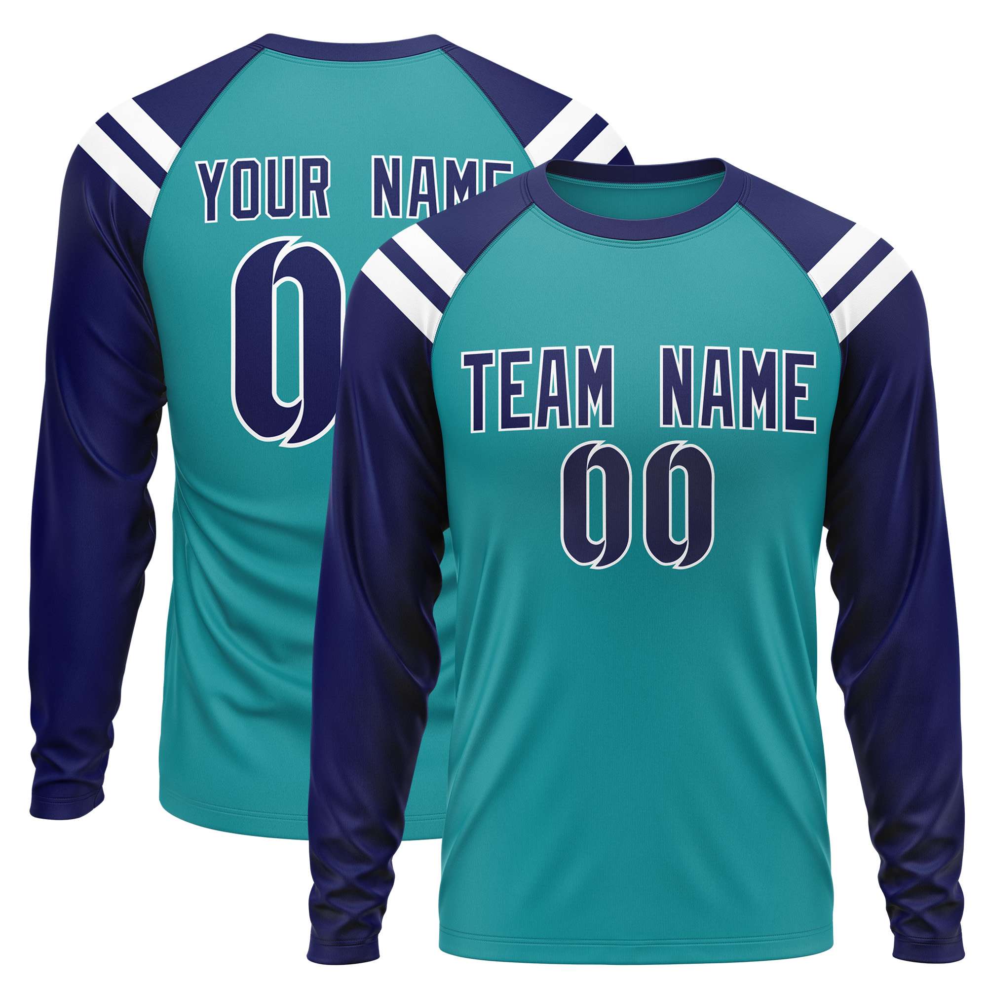 Custom Aqua Navy-White Crew Neck Personalized Raglan Long Sleeve Performance T-Shirt