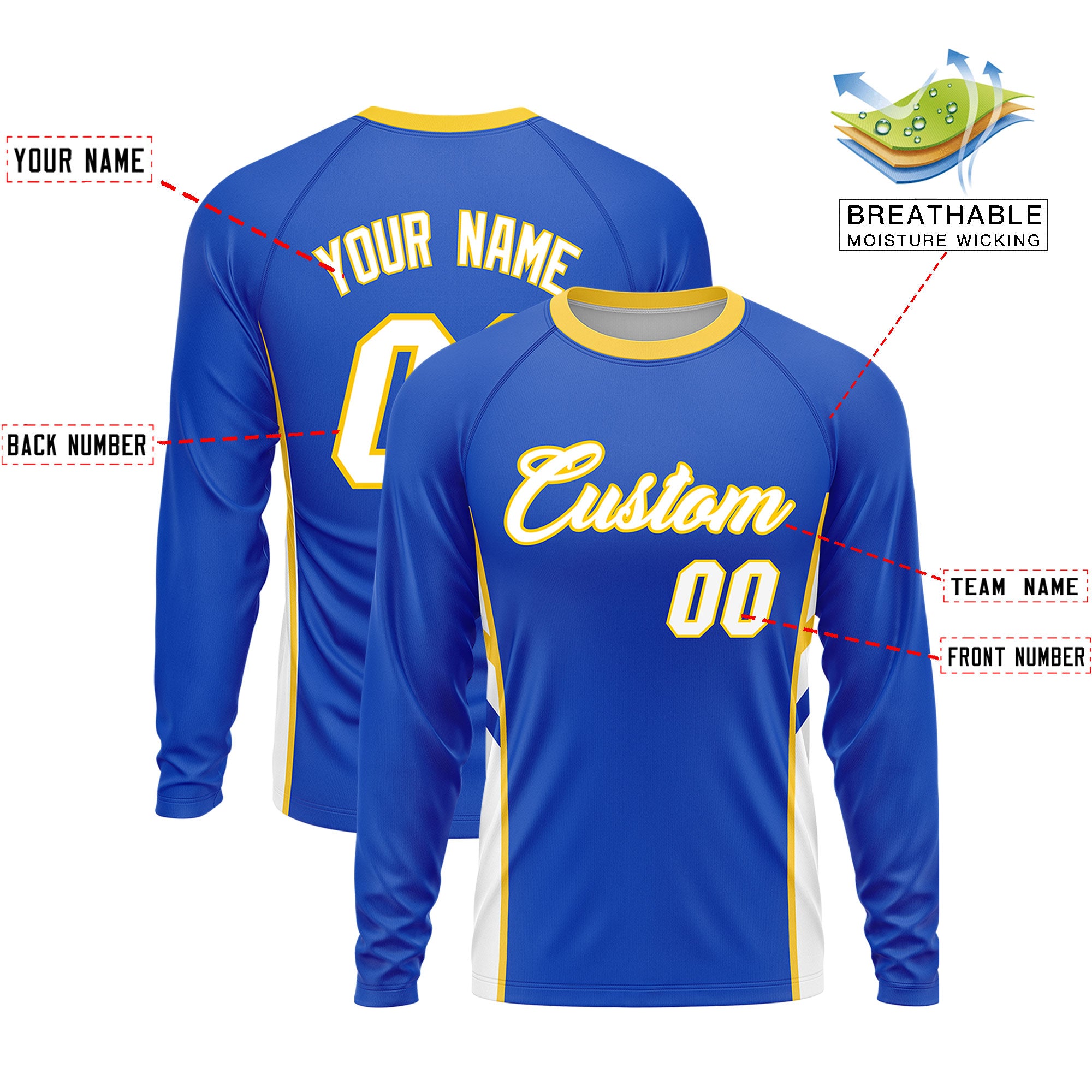 Custom Royal White Crew Neck Personalized Raglan Long Sleeve Performance T-Shirt