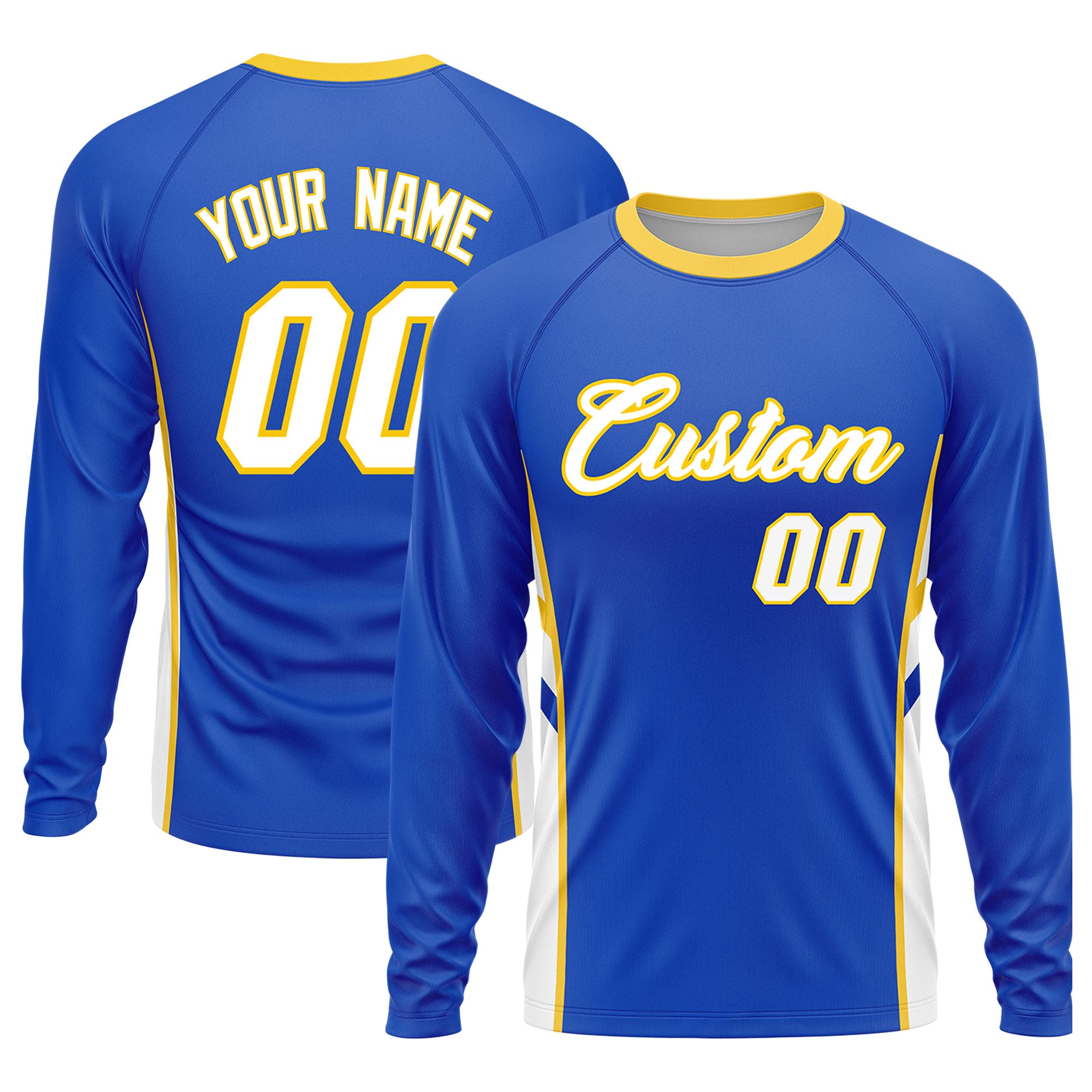 Custom Royal White Crew Neck Personalized Raglan Long Sleeve Performance T-Shirt