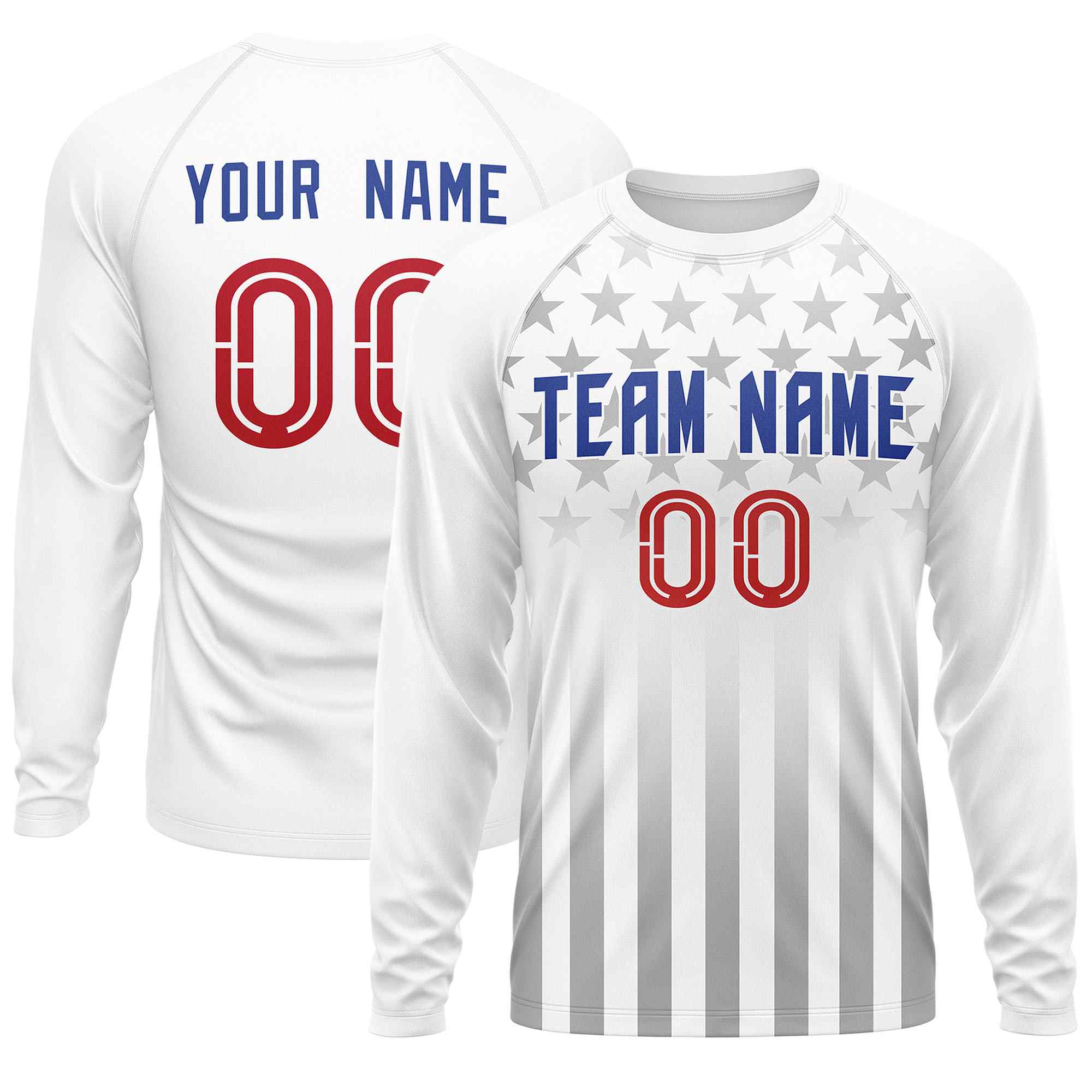 Custom White Royal-Red Personalized American Flag Design Long Sleeve Performance T-shirt