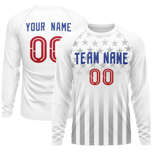 Custom White Royal-Red Personalized American Flag Design Long Sleeve Performance T-shirt