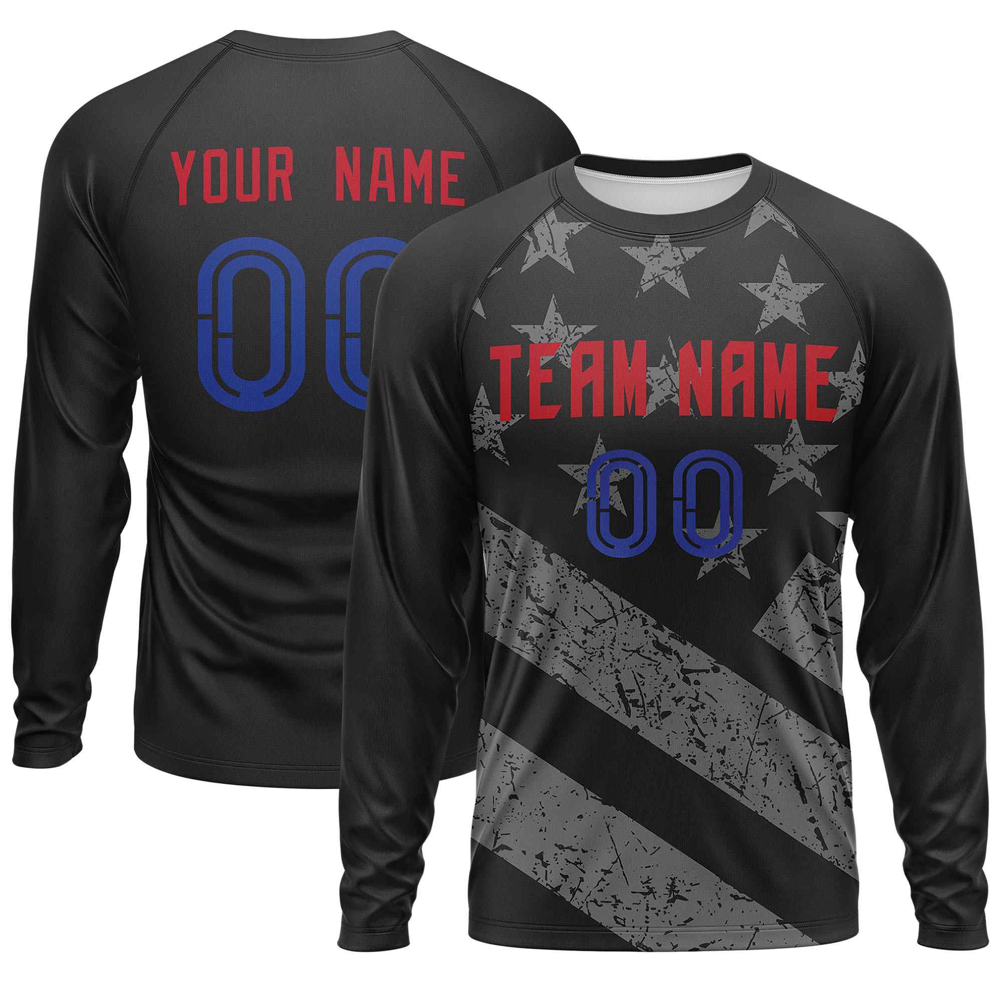 Custom Black Red-Royal Personalized American Flag Design Long Sleeve Performance T-shirt