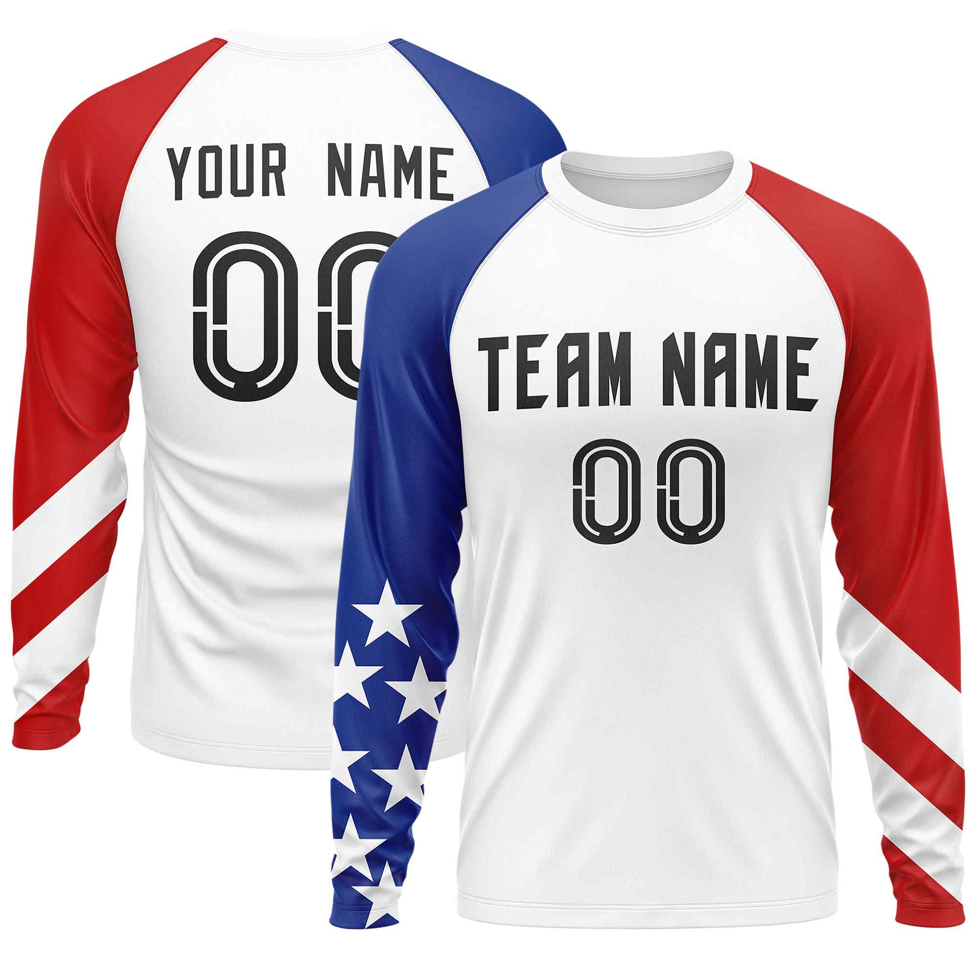 Custom White Royal-Red Personalized American Flag Design Long Sleeve Performance T-shirt