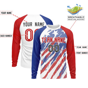 Custom White Royal-Red Personalized American Flag Design Long Sleeve Performance T-shirt