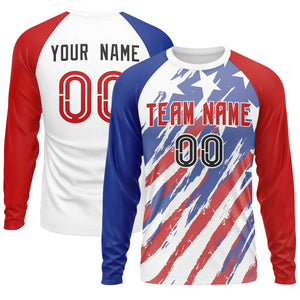 Custom White Royal-Red Personalized American Flag Design Long Sleeve Performance T-shirt