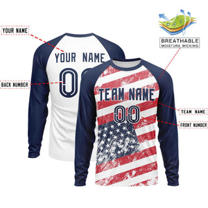 Custom White Navy-Red Personalized American Flag Design Long Sleeve Performance T-shirt