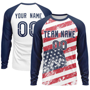 Custom White Navy-Red Personalized American Flag Design Long Sleeve Performance T-shirt