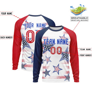 Custom White Navy-Red Personalized American Flag Design Long Sleeve Performance T-shirt