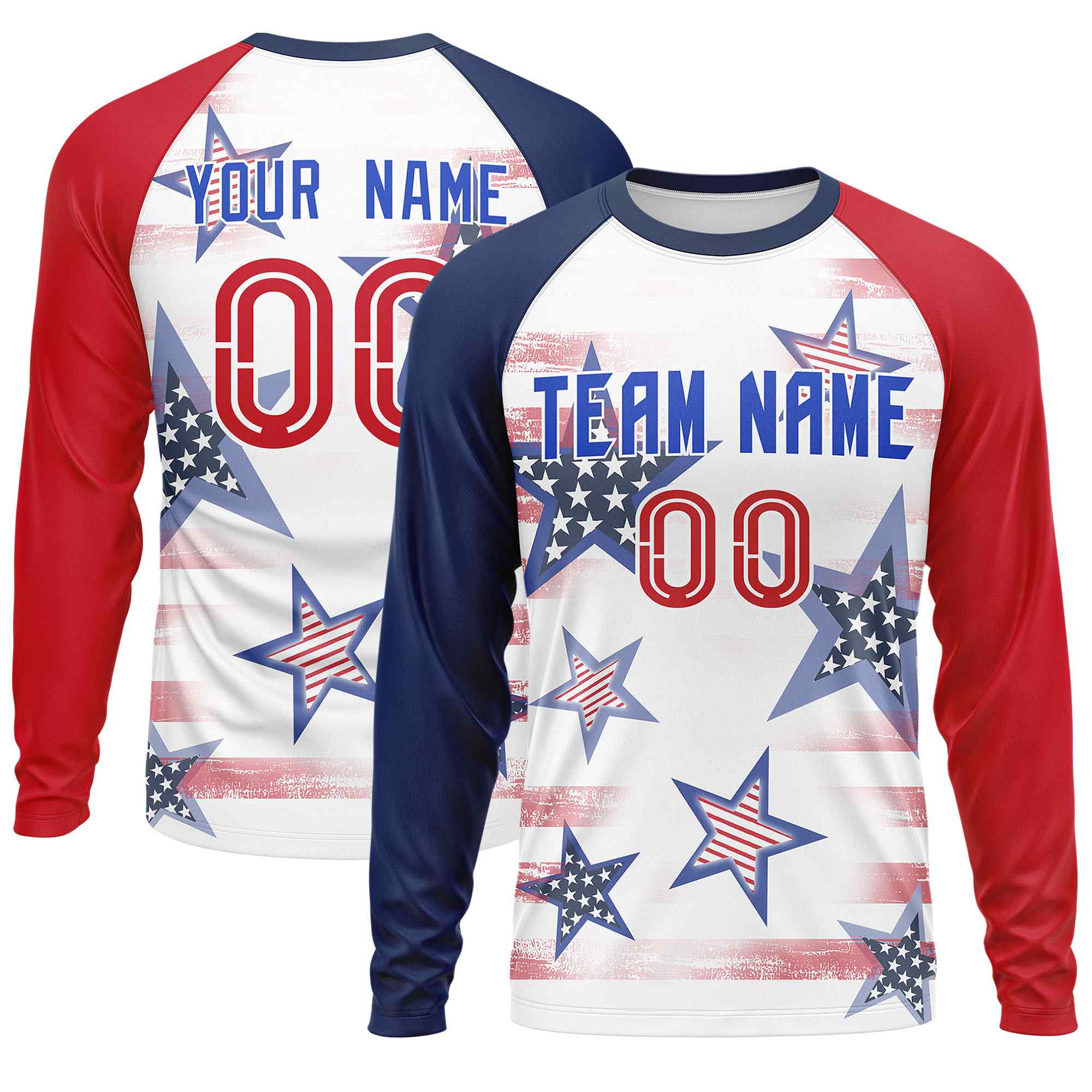 Custom White Navy-Red Personalized American Flag Design Long Sleeve Performance T-shirt