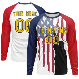 Custom White Navy-Red Personalized American Flag Design Long Sleeve Performance T-shirt