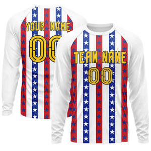 Custom White Royal-Red Personalized American Flag Design Long Sleeve Performance T-shirt