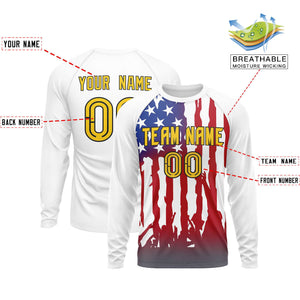 Custom White Red Personalized American Flag Design Long Sleeve Performance T-shirt