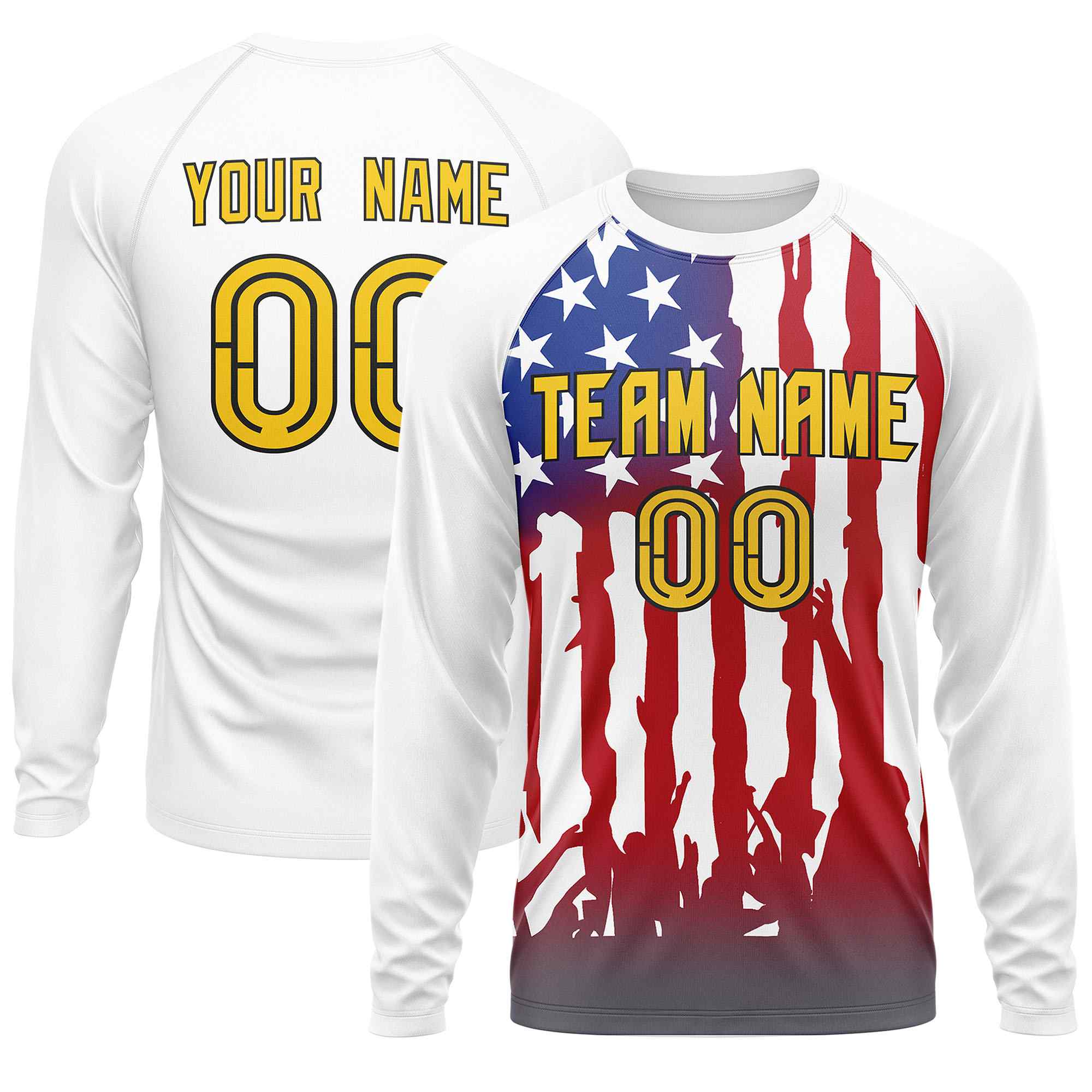 Custom White Red Personalized American Flag Design Long Sleeve Performance T-shirt