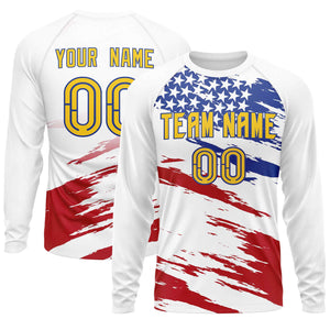 Custom White Red-Royal Personalized American Flag Design Long Sleeve Performance T-shirt